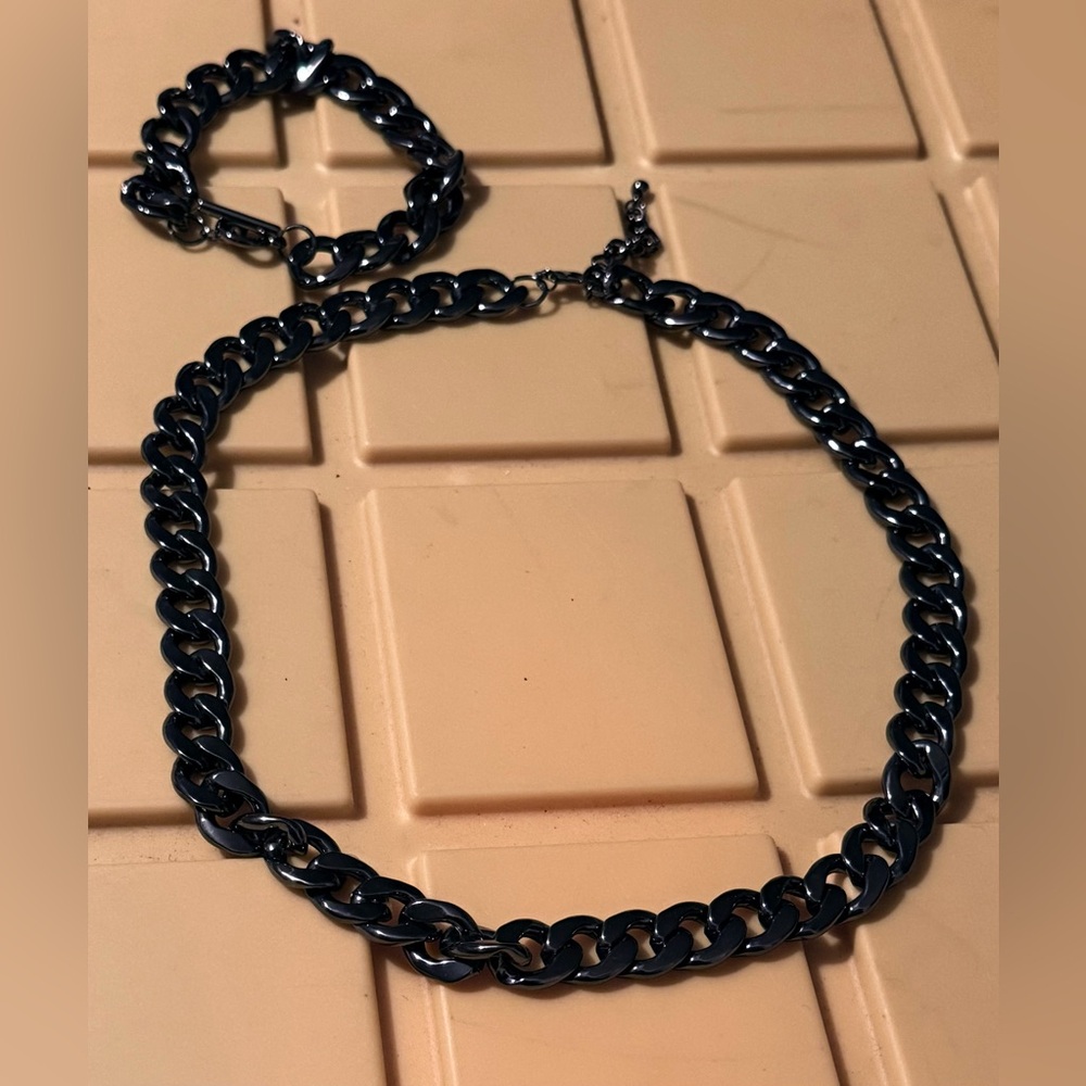 Chunky Matte Black Cuban Link Necklace & Bracelet Set
